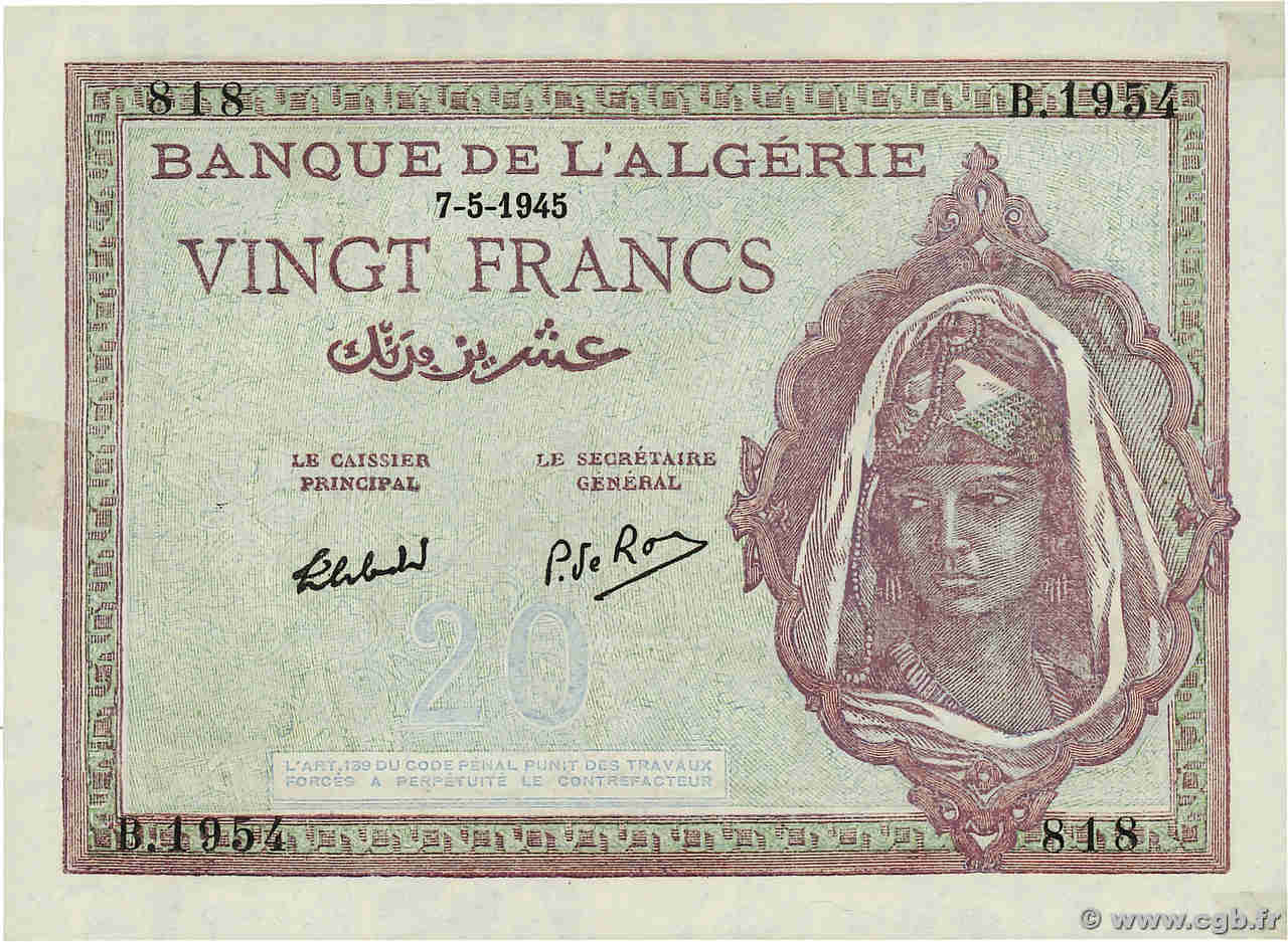 20 Francs ALGERIA  1951 P.092b UNC-