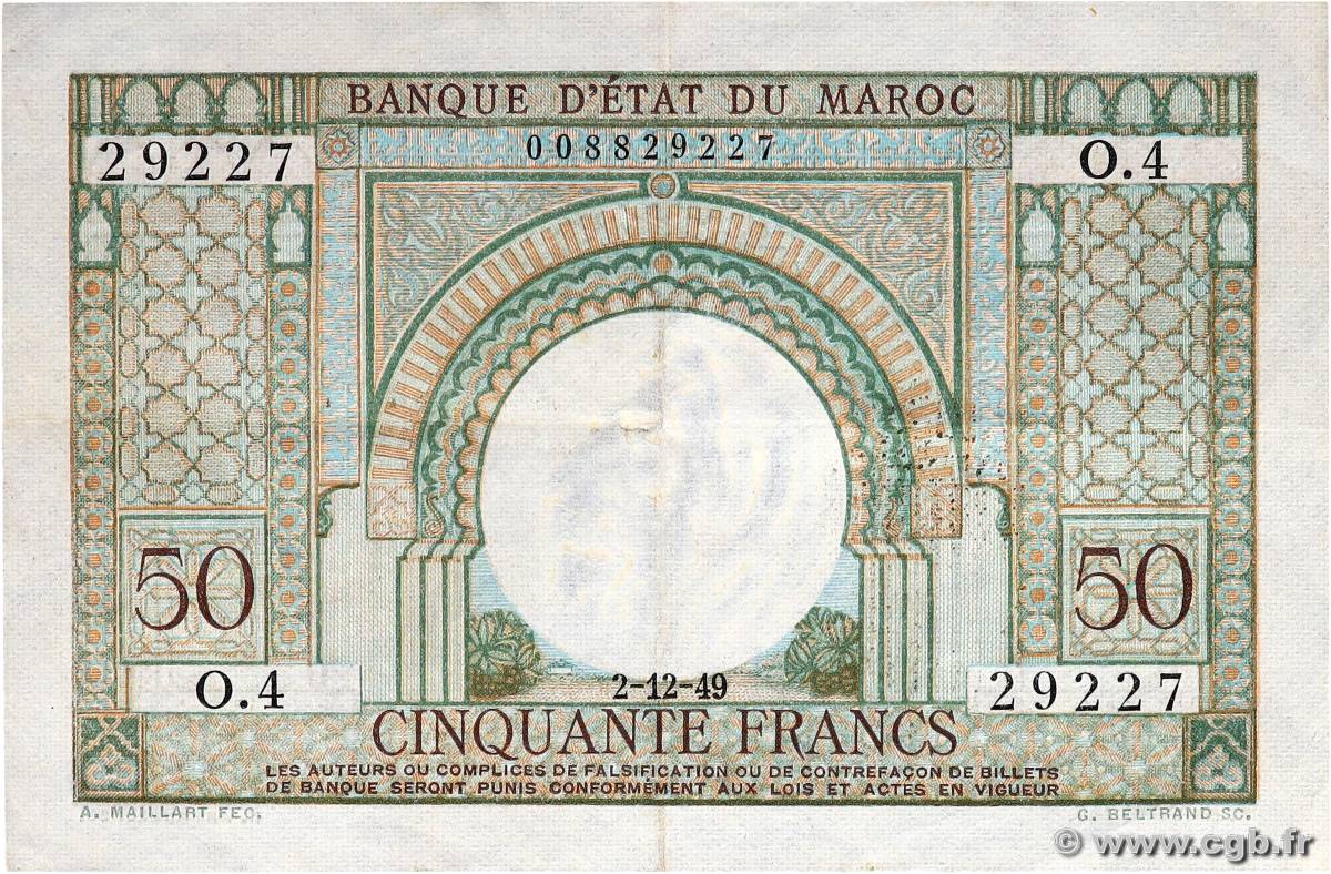 50 Francs MAROC  1949 P.44 TTB+