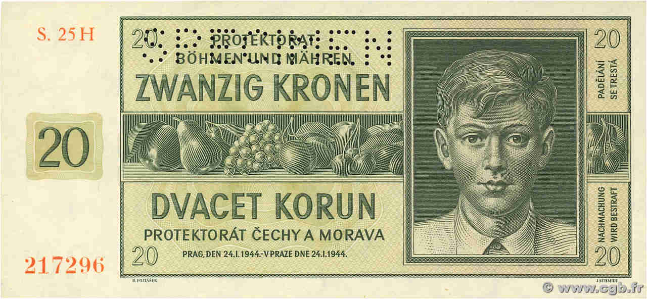 20 Korun Spécimen BOHEMIA & MORAVIA  1944 P.09s UNC-