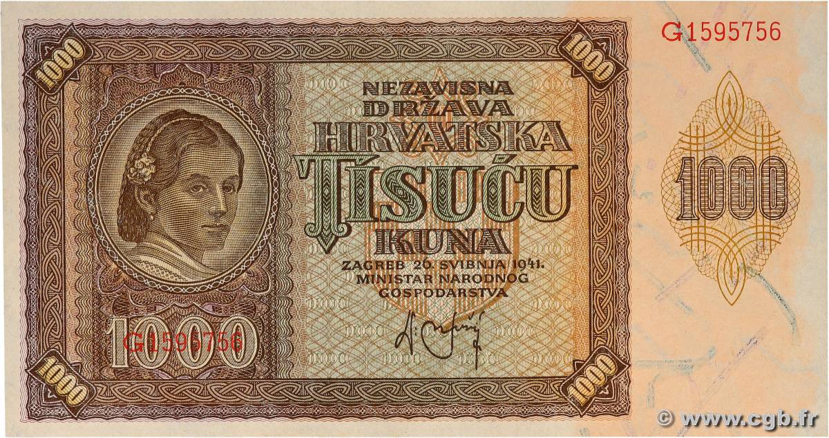 1000 Kuna CROAZIA  1941 P.04a FDC