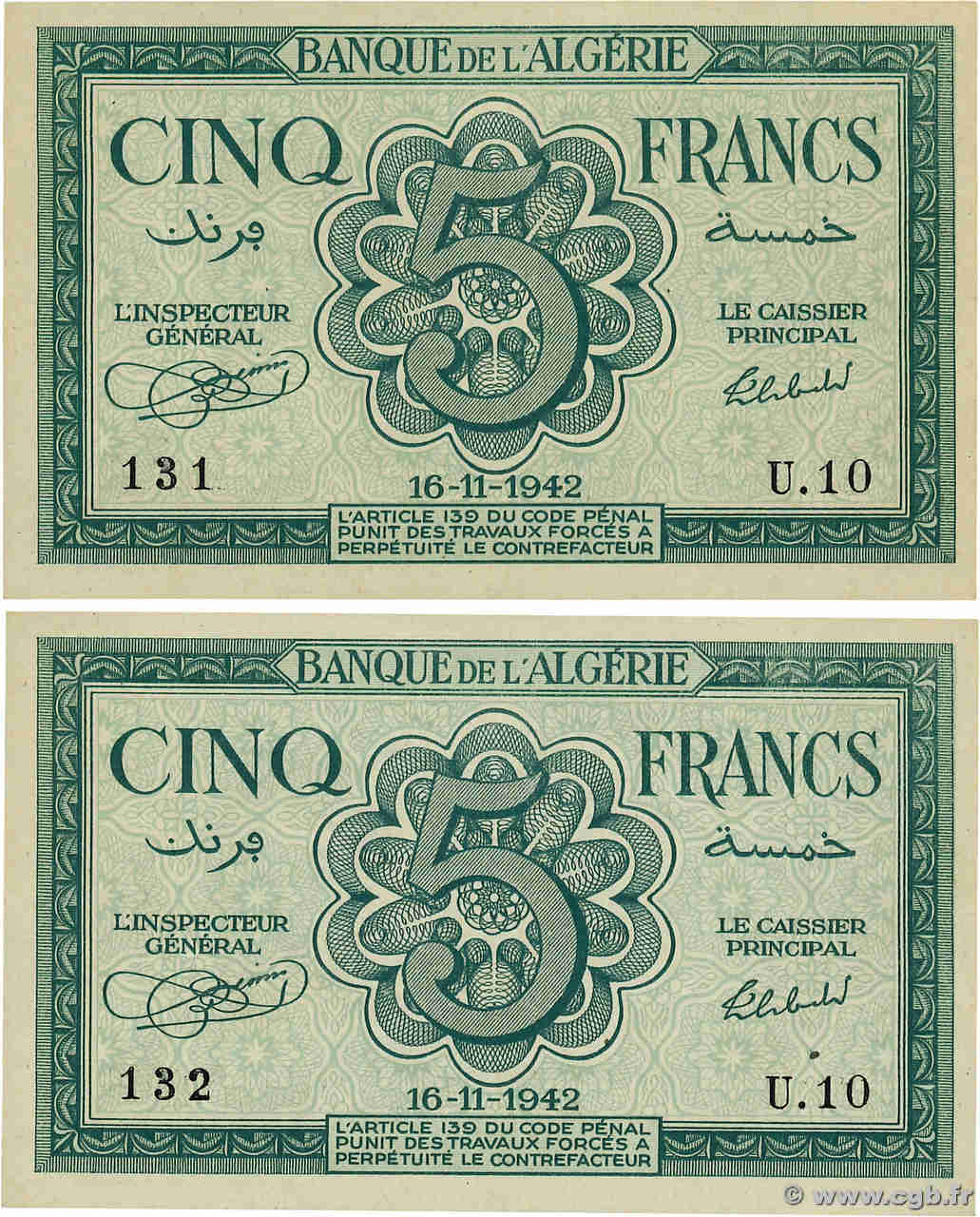 5 Francs Consécutifs ARGELIA  1942 P.091 SC+