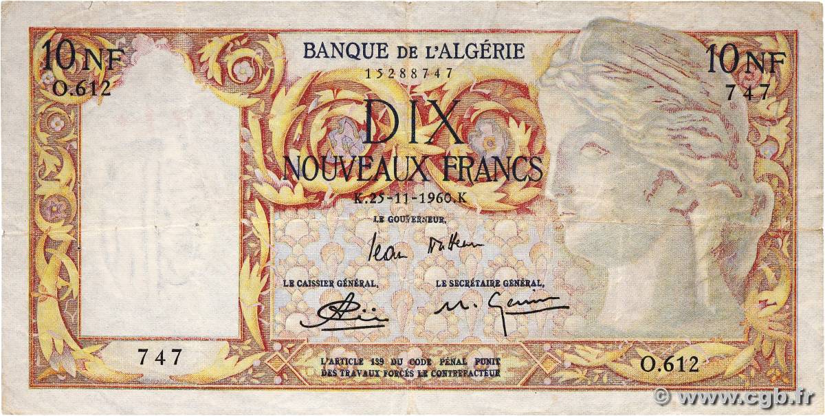 10 Nouveaux Francs ALGERIA  1960 P.119a VF-