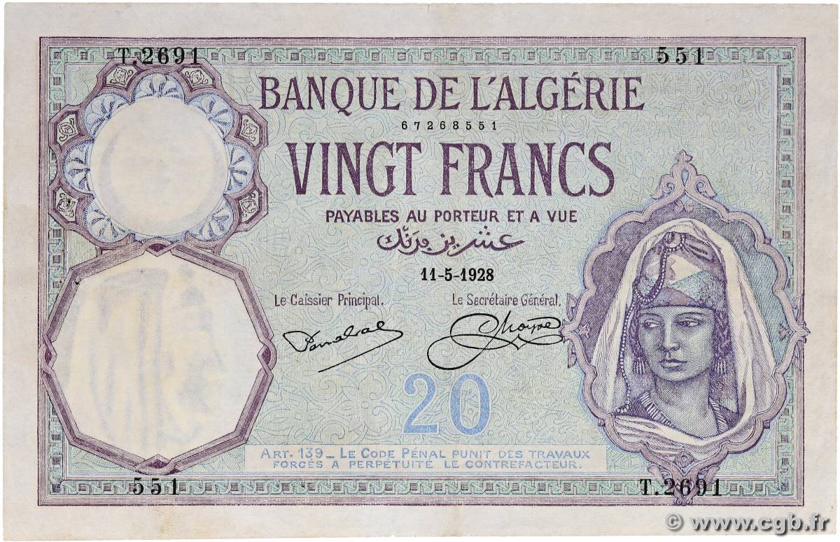 20 Francs ALGERIA  1928 P.078b VF+