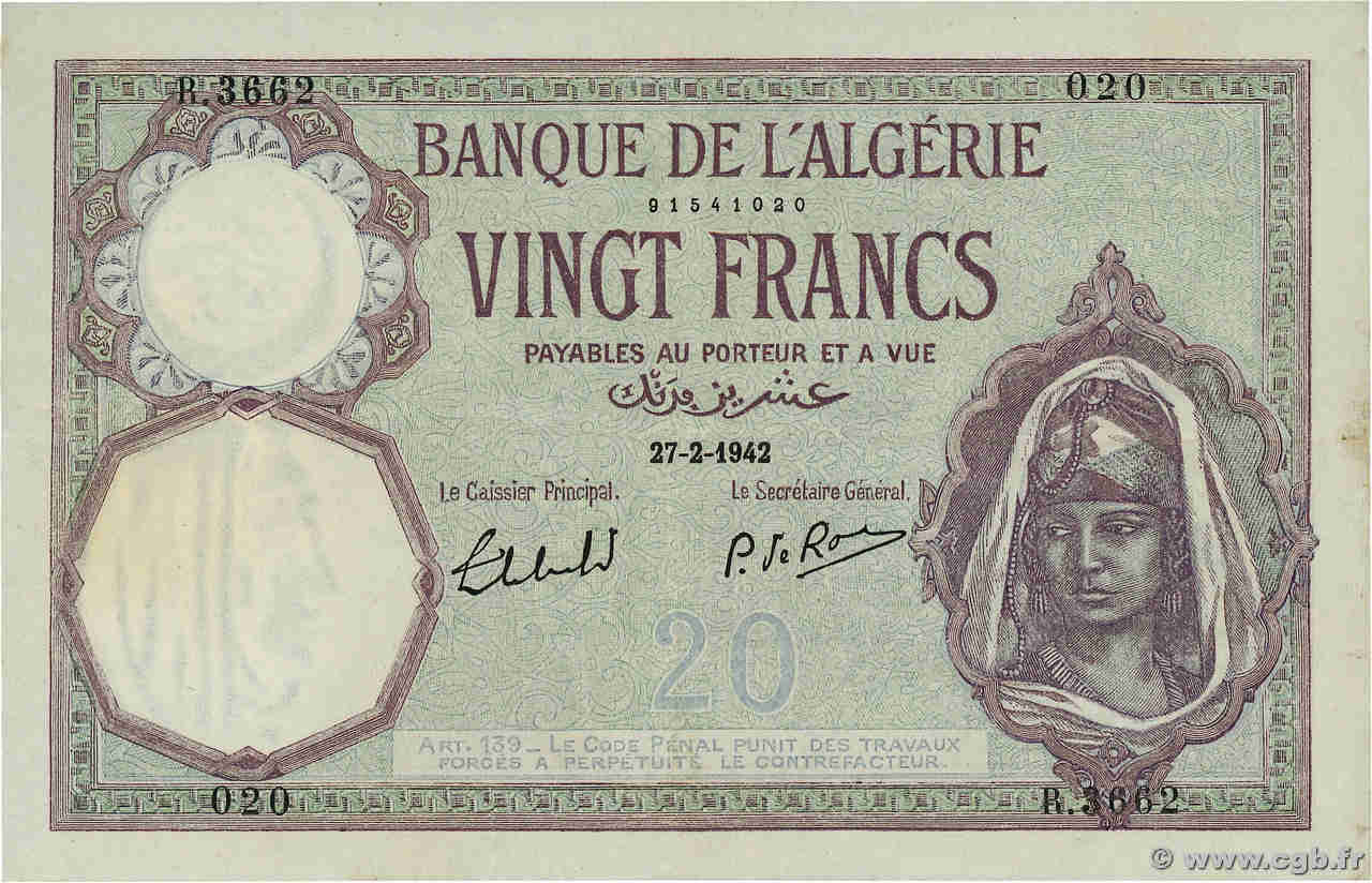 20 Francs ARGELIA  1942 P.078c EBC