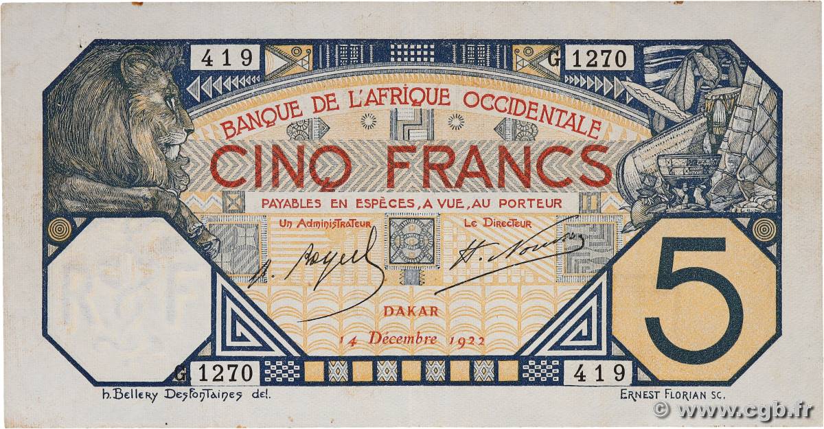 5 Francs DAKAR AFRIQUE OCCIDENTALE FRANÇAISE (1895-1958) Dakar 1922 P.05Bb TTB