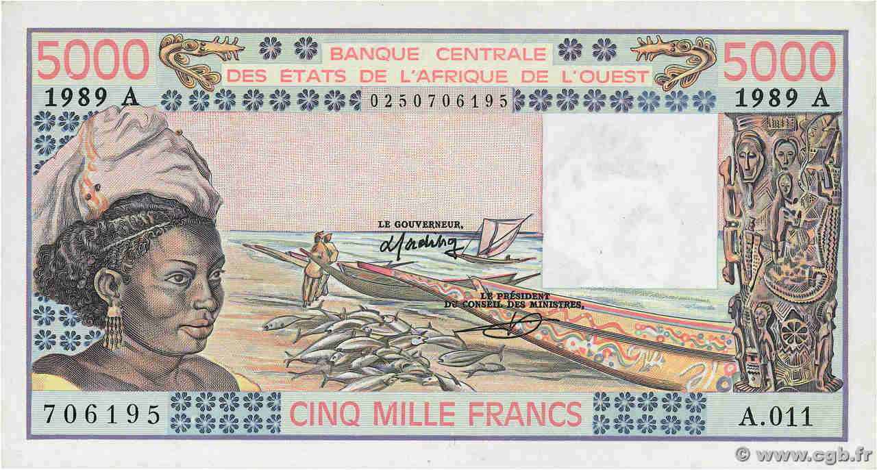 5000 Francs WEST AFRICAN STATES  1989 P.108Ag UNC-