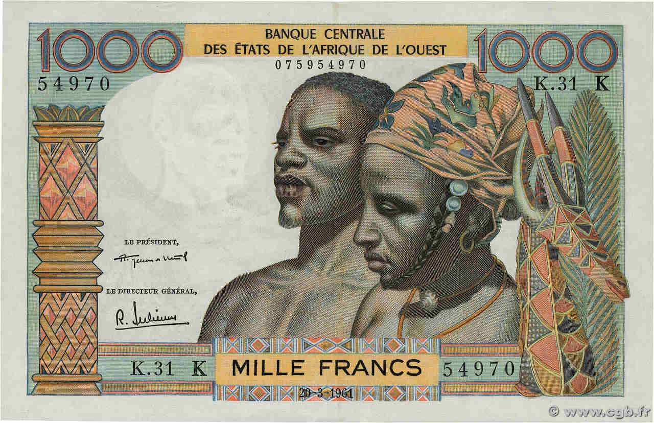 1000 Francs WEST AFRIKANISCHE STAATEN  1961 P.703Kb fVZ