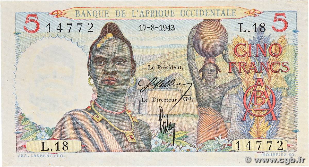 5 Francs FRENCH WEST AFRICA  1943 P.36 XF+