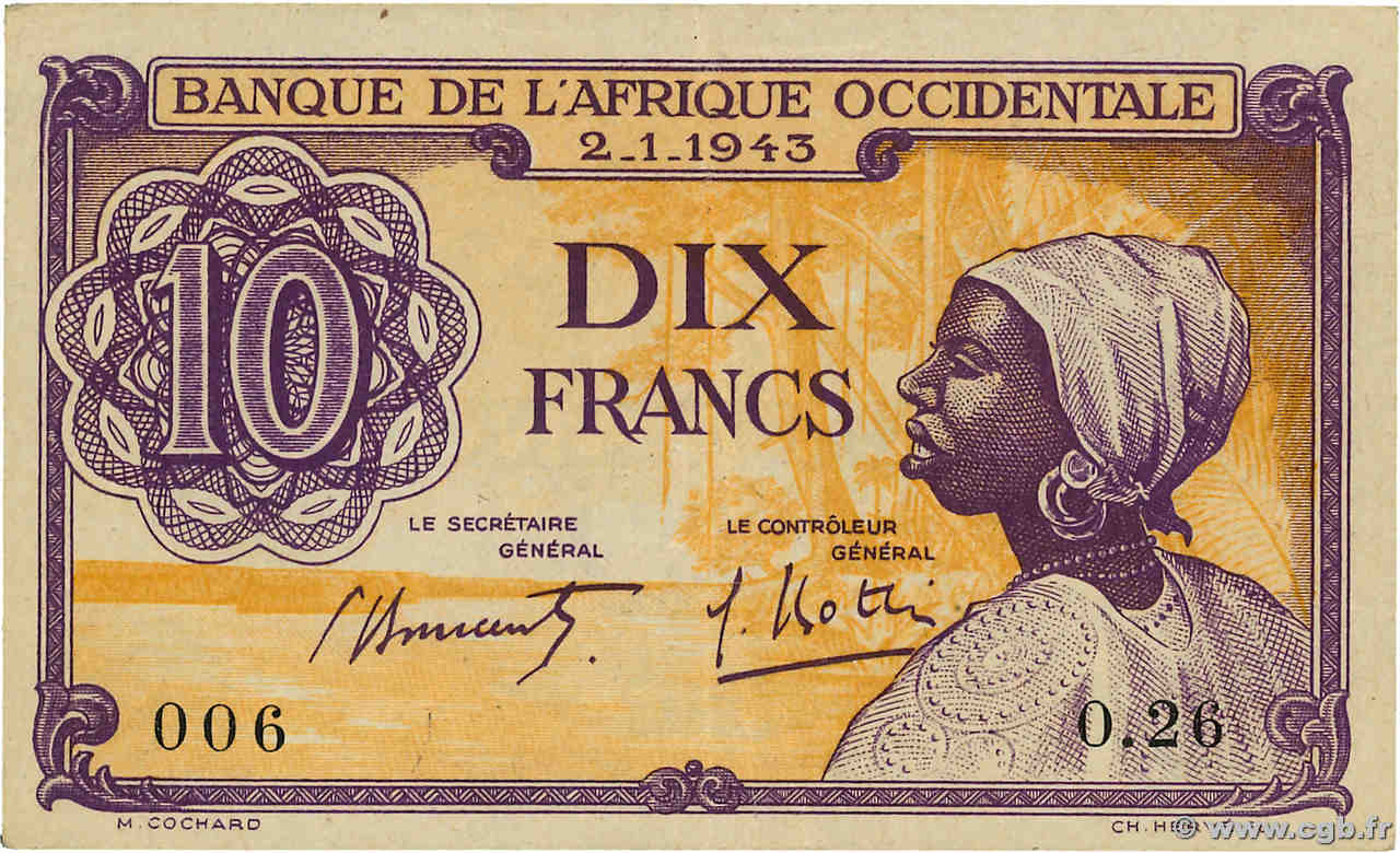 10 Francs FRENCH WEST AFRICA  1943 P.29 XF