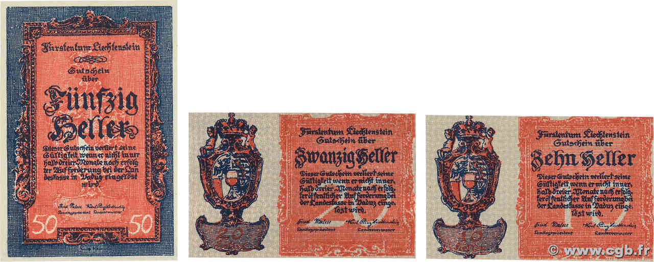 10, 20 et 50 Heller Lot LIECHTENSTEIN  1920 P.01, P.02 et P.03 NEUF