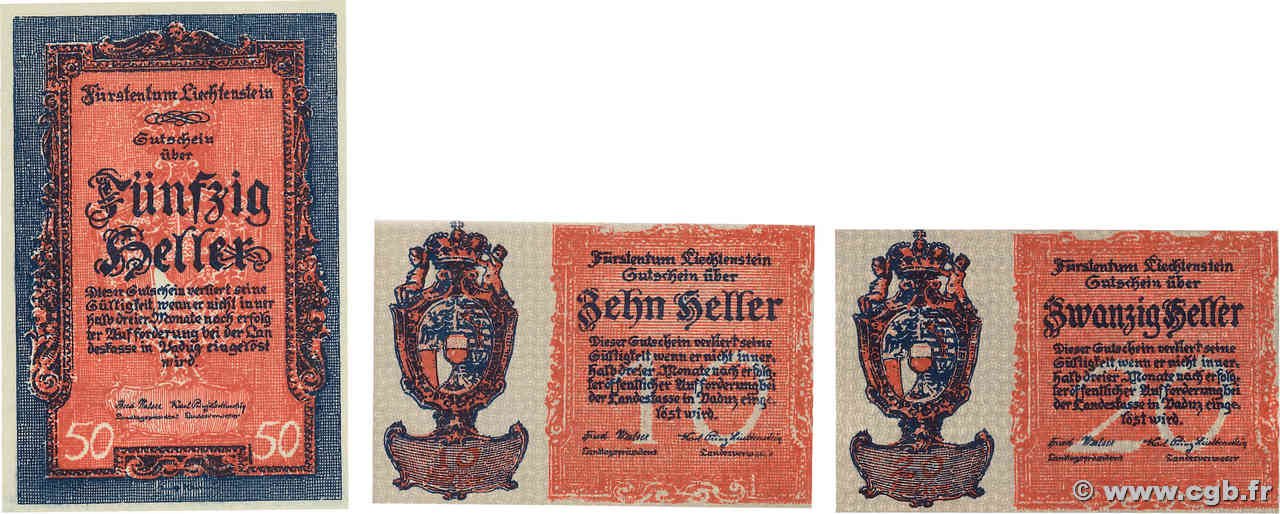 10, 20 et 50 Heller Lot LIECHTENSTEIN  1920 P.01, P.02 et P.03 NEUF