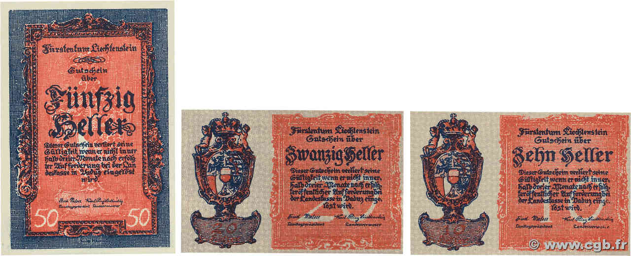 10, 20 et 50 Heller Lot LIECHTENSTEIN  1920 P.01, P.02 et P.03 UNC