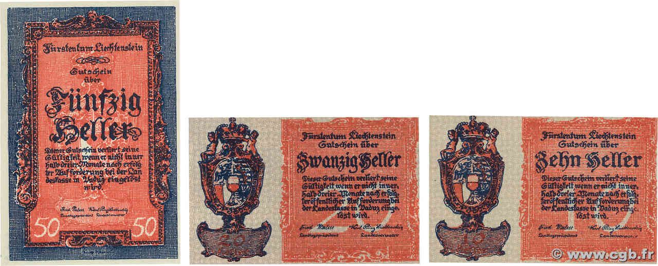 10, 20 et 50 Heller Lot LIECHTENSTEIN  1920 P.01, P.02 et P.03 UNC