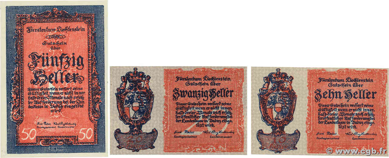 10, 20 et 50 Heller Lot LIECHTENSTEIN  1920 P.01, P.02 et P.03 ST