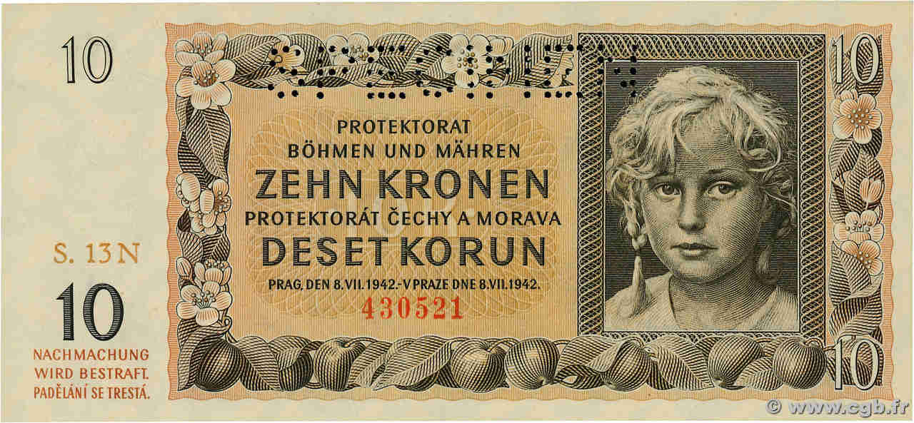 10 Korun Spécimen BOHEMIA & MORAVIA  1942 P.08s UNC