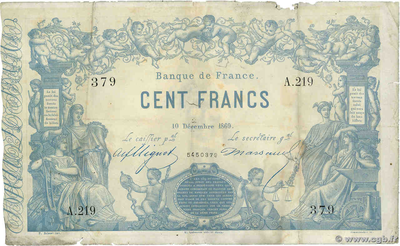 100 Francs type 1862 - Bleu à indices Noirs FRANCE  1869 F.A39.05 B+