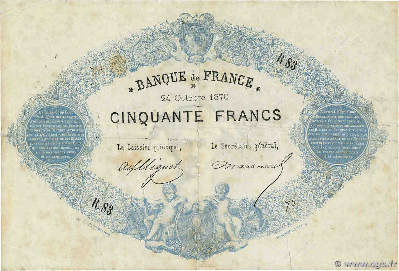 50 Francs type 1870 - Clermont-Ferrand FRANCE  1870 F.A45.01 VG