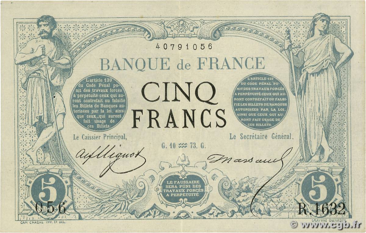 5 Francs NOIR FRANCE  1873 F.01.14 XF-