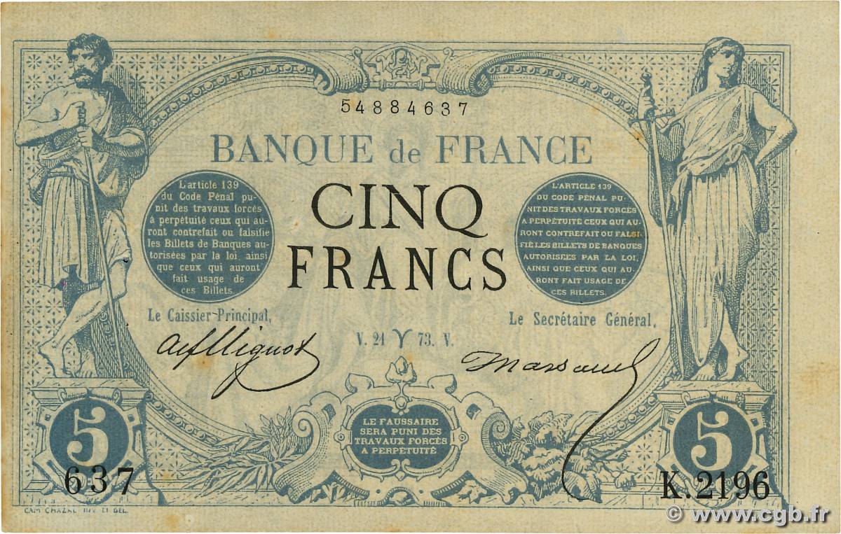 5 Francs NOIR Fauté FRANCE  1873 F.01.16 VF+