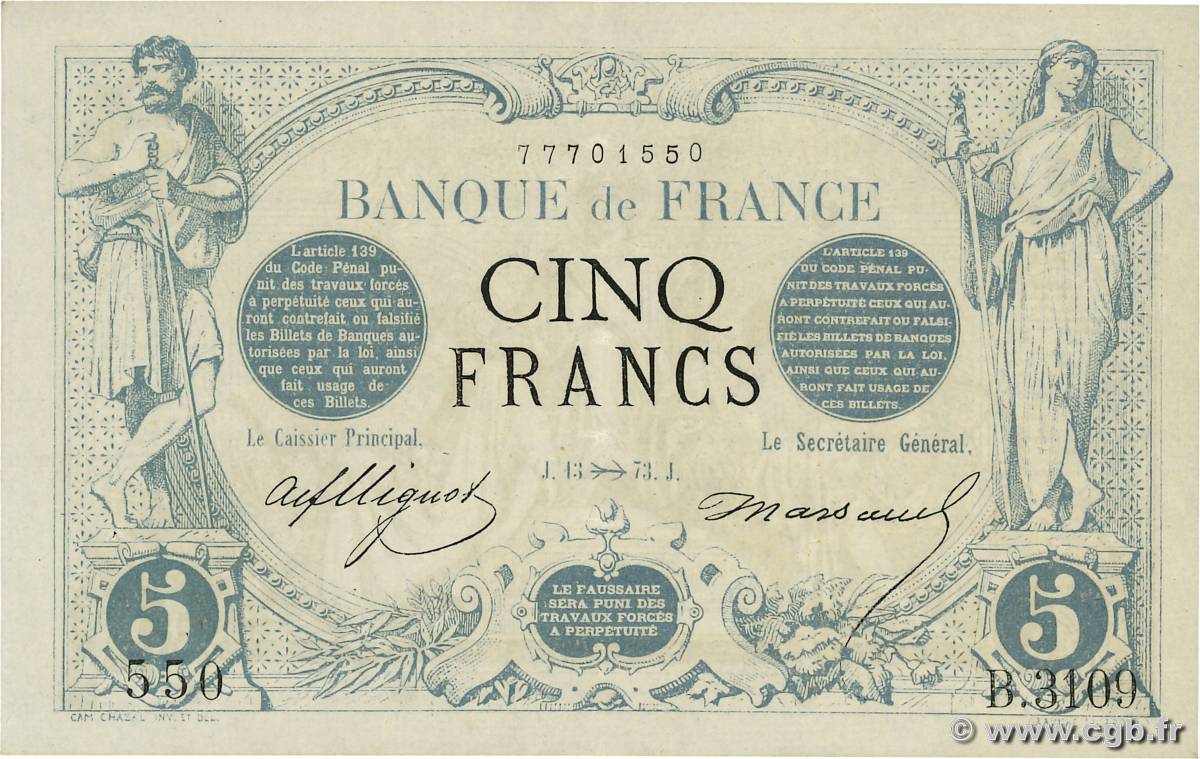 5 Francs NOIR FRANCE  1873 F.01.23 SUP+