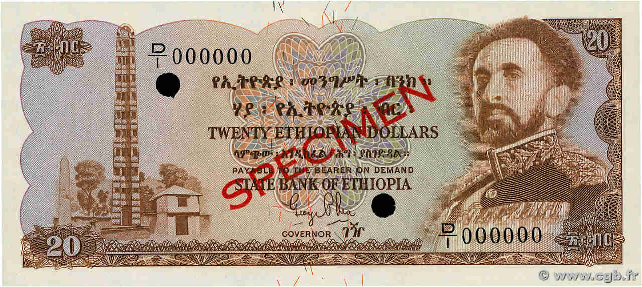 20 Dollars Spécimen ETIOPIA  1961 P.21s FDC