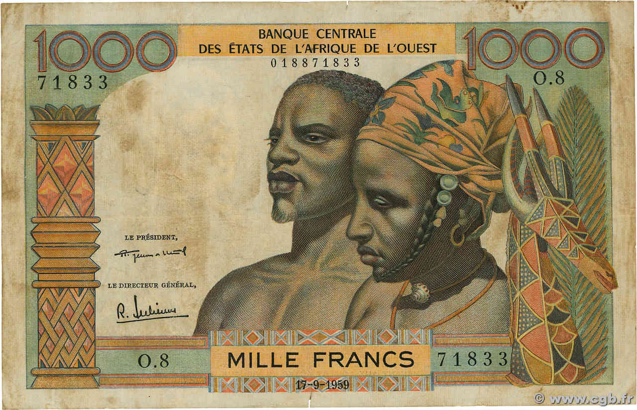 1000 Francs STATI AMERICANI AFRICANI  1959 P.004 q.BB