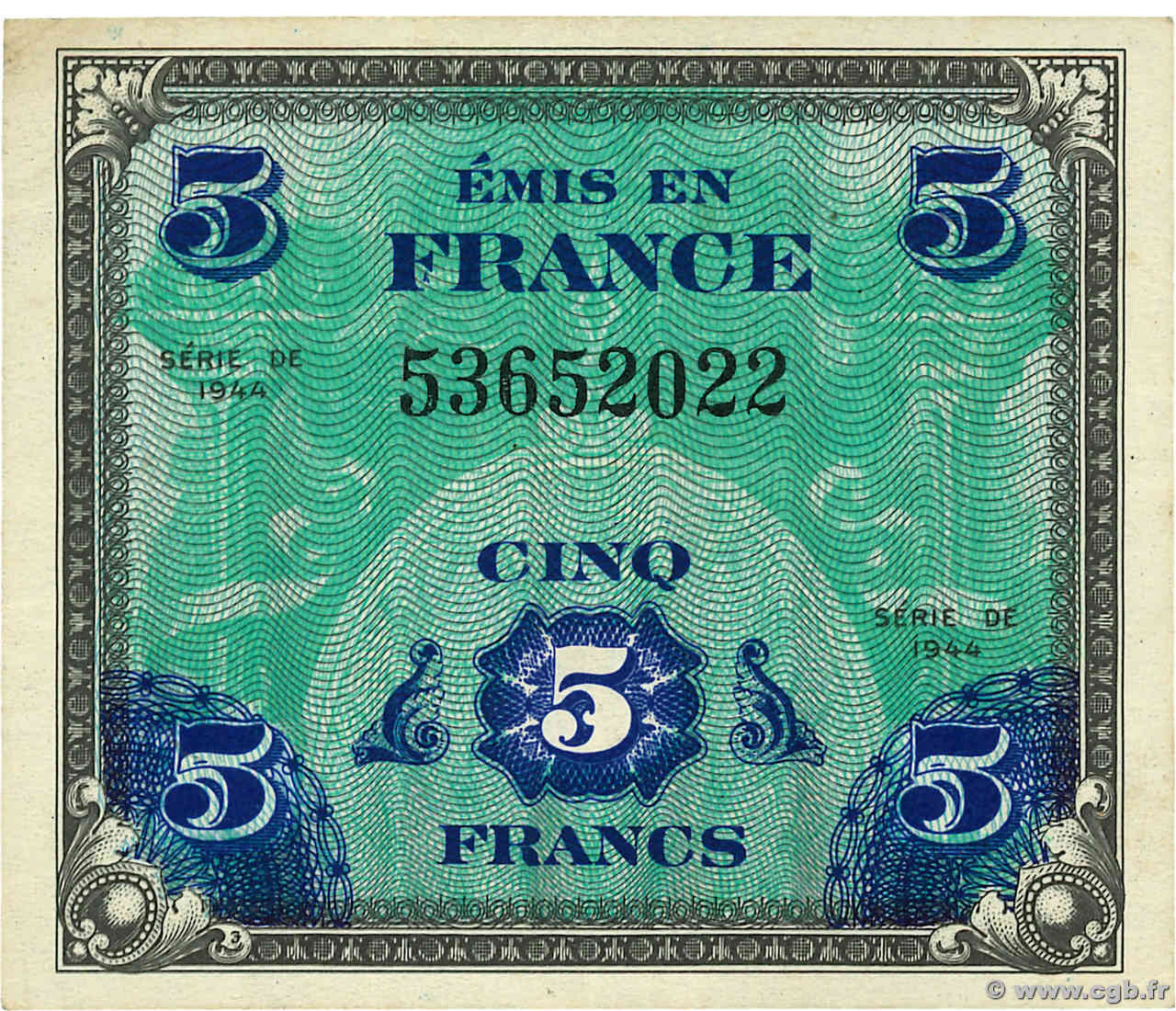 5 Francs DRAPEAU FRANKREICH  1944 VF.17.01 fVZ