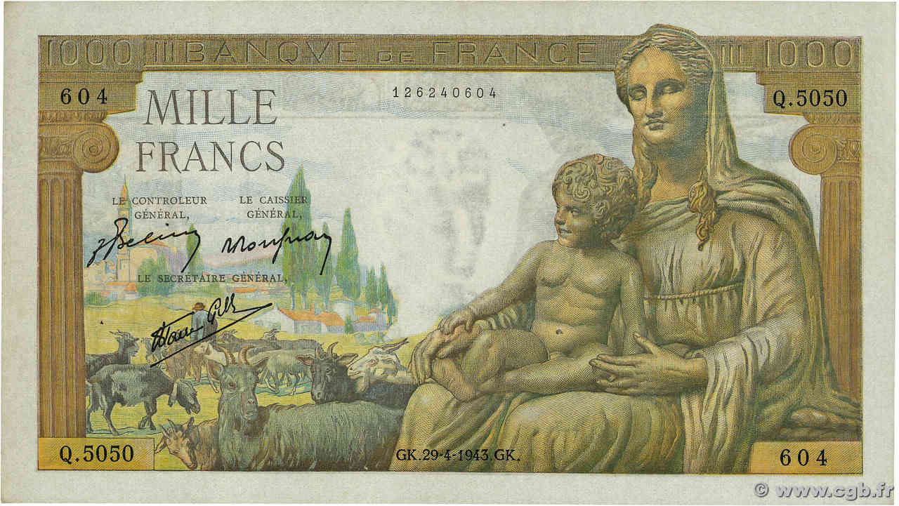 1000 Francs DÉESSE DÉMÉTER FRANCE  1943 F.40.22 SUP