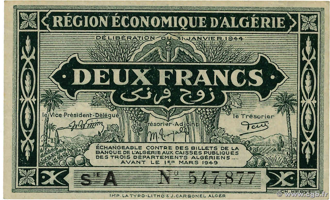 2 Francs ALGÉRIE  1944 P.099a TTB+