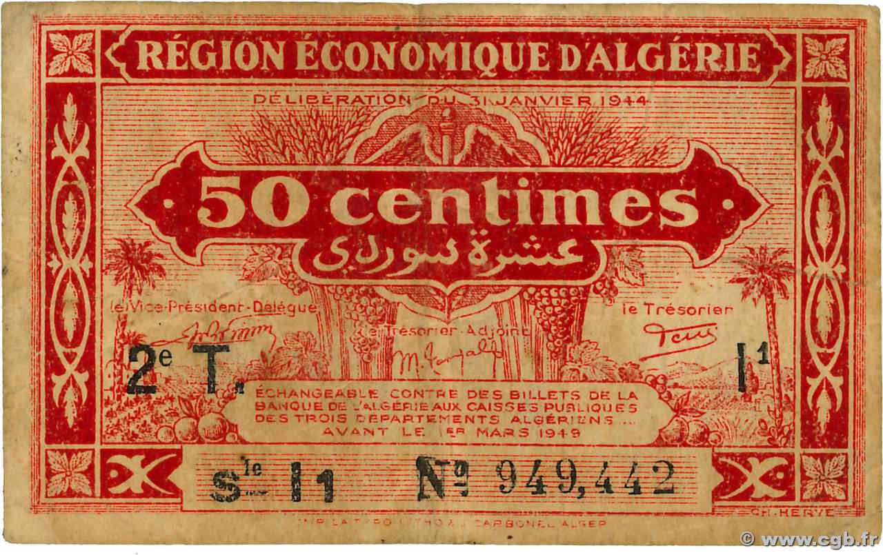 50 Centimes ALGÉRIE  1944 P.100 TB