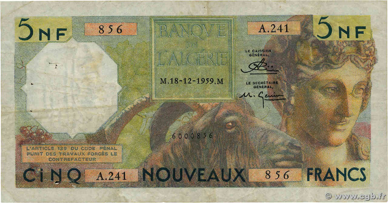5 Nouveaux Francs ALGÉRIE  1959 P.118a TB