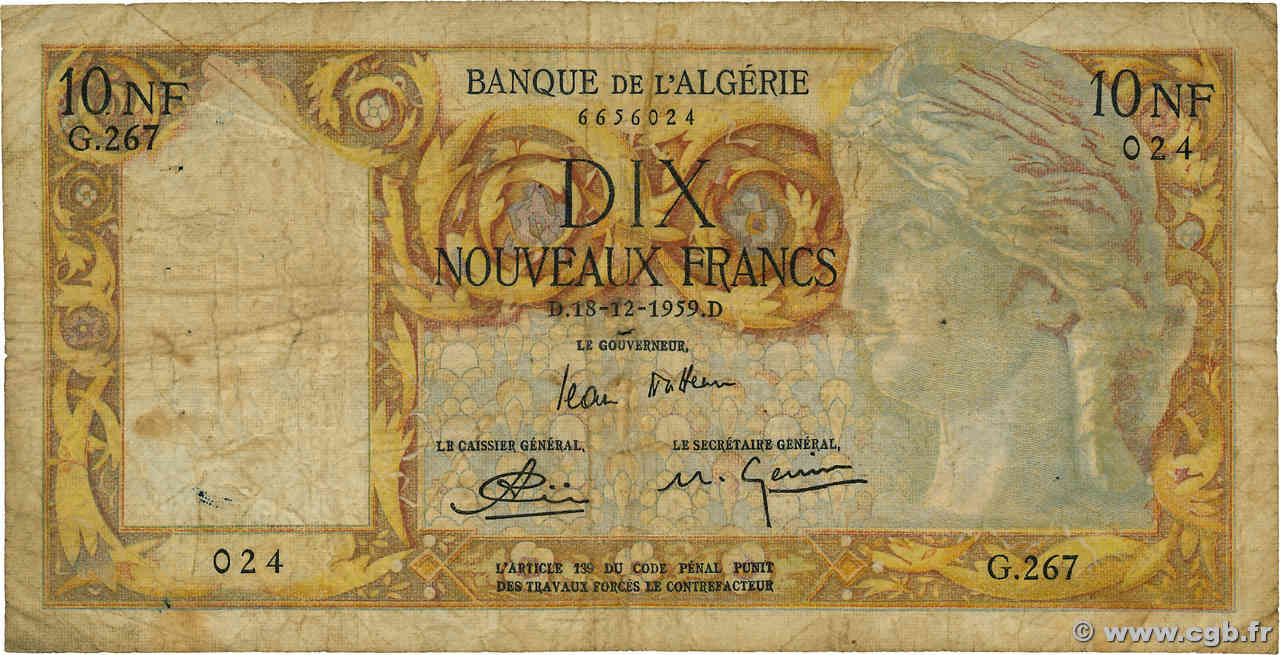 10 Nouveaux Francs ALGÉRIE  1959 P.119a B
