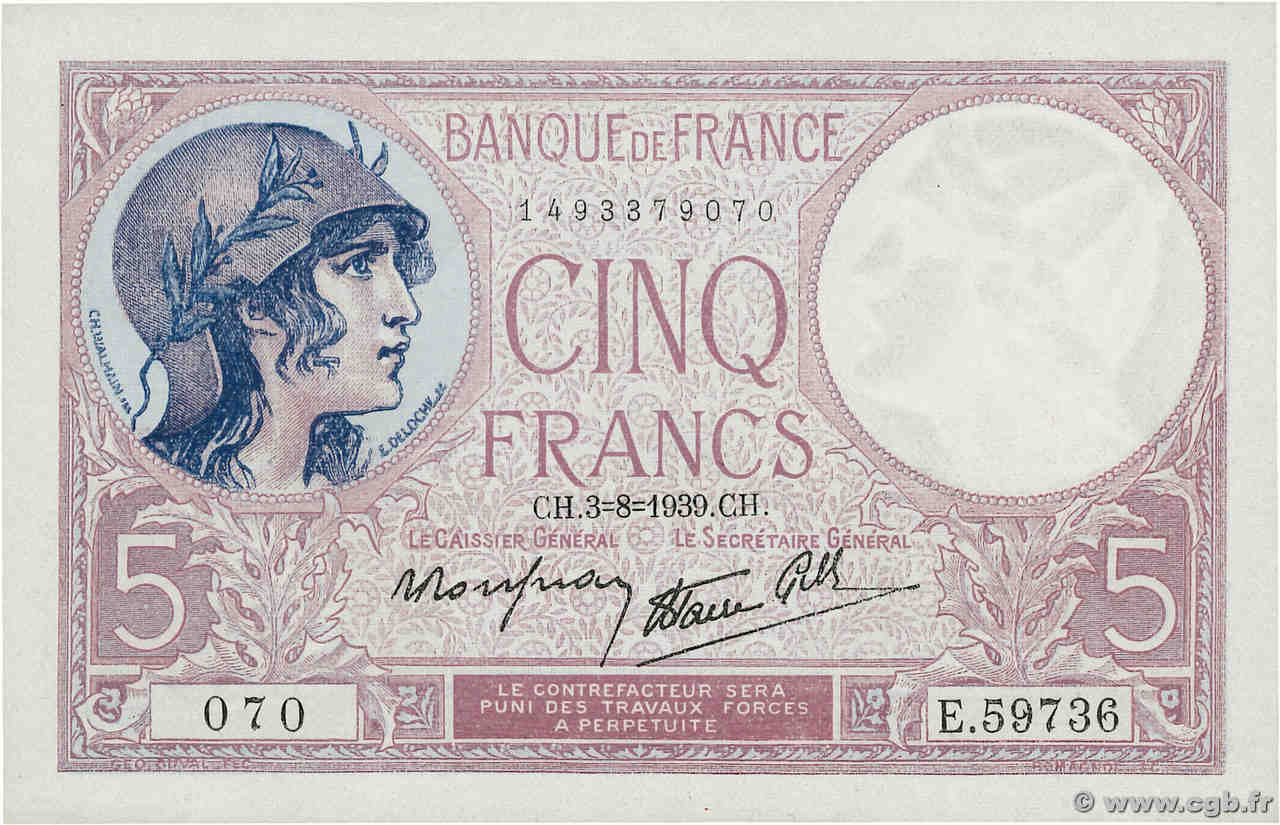 5 Francs FEMME CASQUÉE modifié FRANCE  1939 F.04.04 NEUF