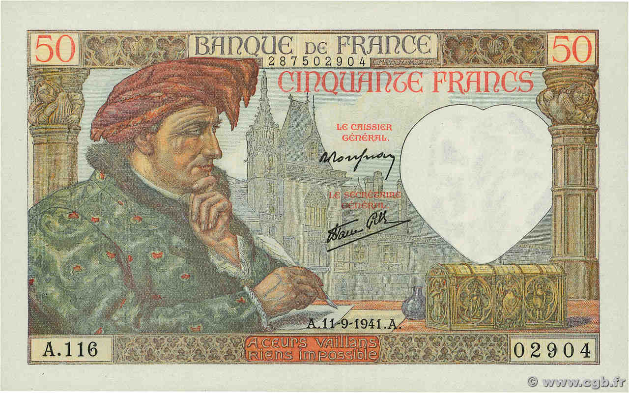 50 Francs JACQUES CŒUR FRANCE  1941 F.19.14 SUP+