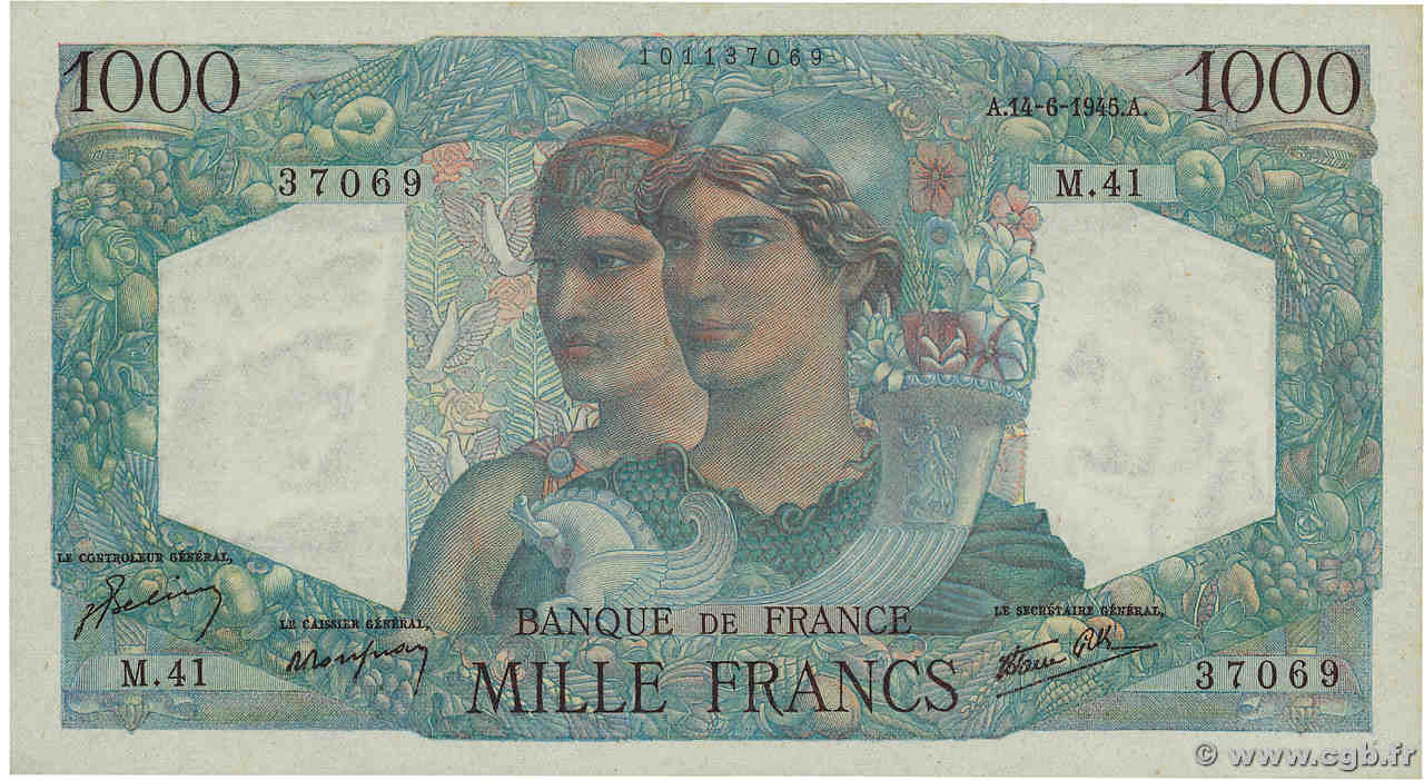 1000 Francs MINERVE ET HERCULE FRANCE  1945 F.41.04 UNC-