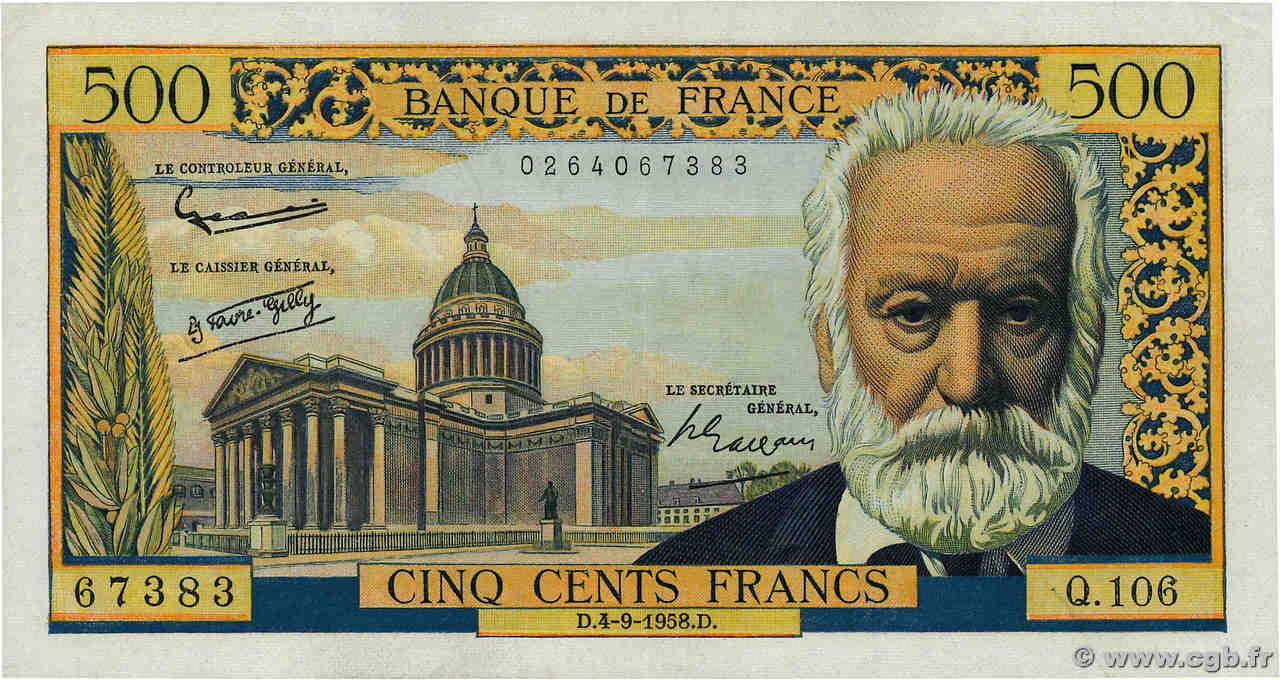 500 Francs VICTOR HUGO FRANCE  1958 F.35.10 XF