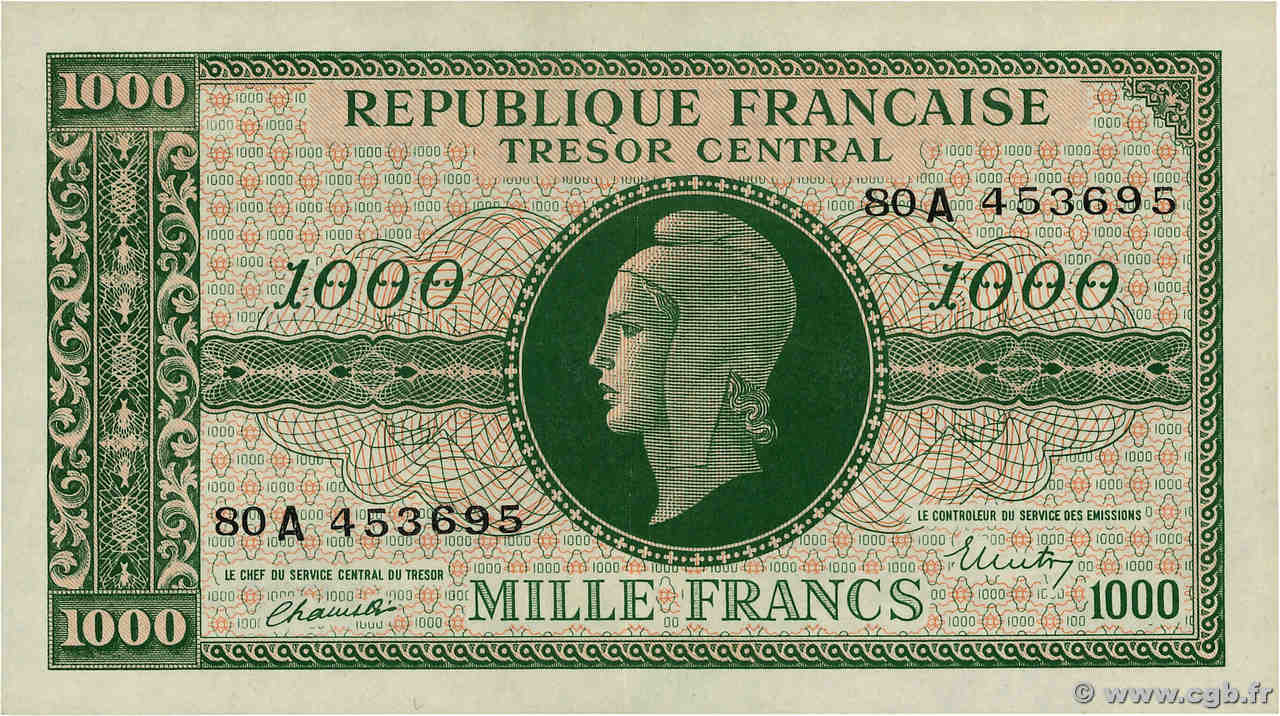 1000 Francs MARIANNE BANQUE D ANGLETERRE FRANCE  1945 VF.12.01 XF+