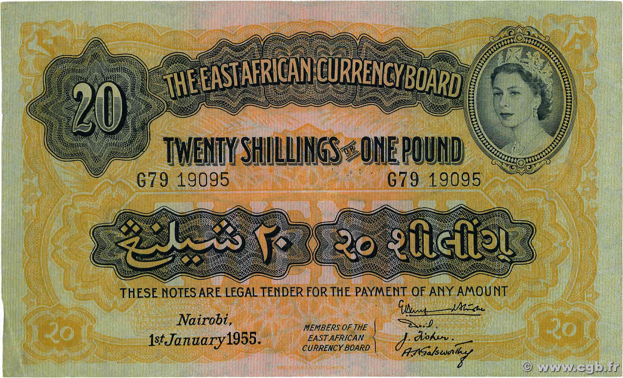 20 Shillings - 1 Pound AFRICA DI L EST BRITANNICA   1955 P.35 q.BB