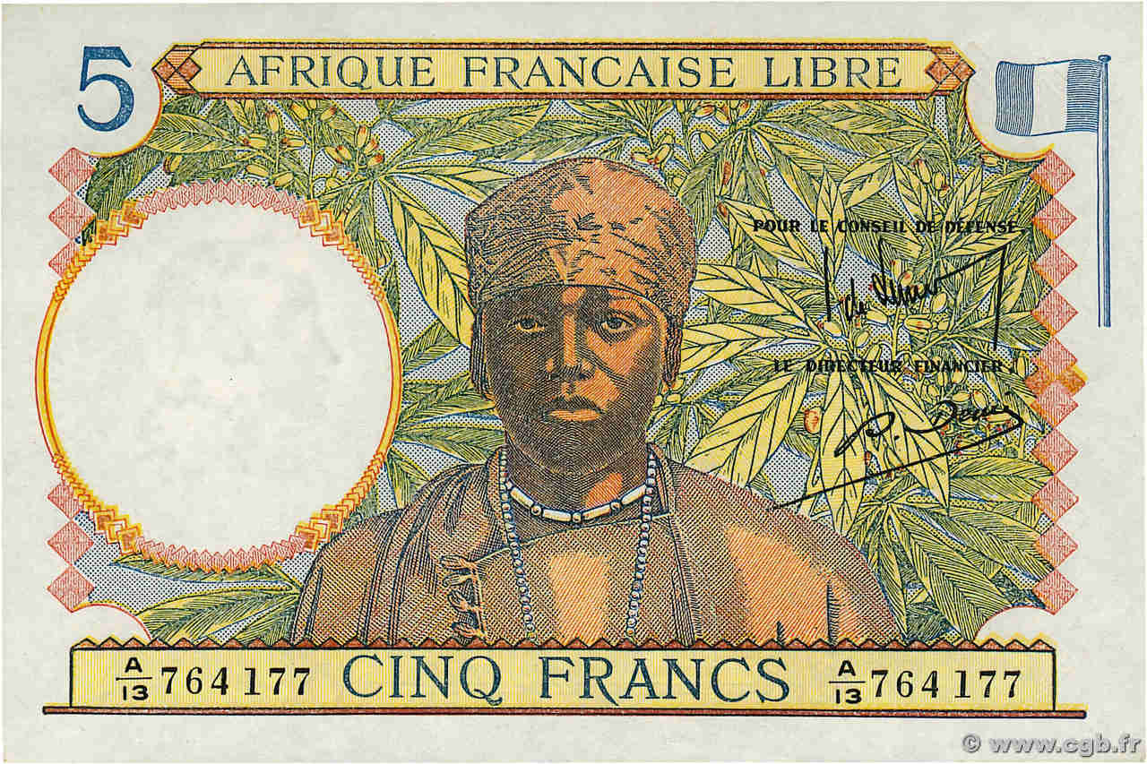 5 Francs FRENCH EQUATORIAL AFRICA Brazzaville 1941 P.06a UNC-