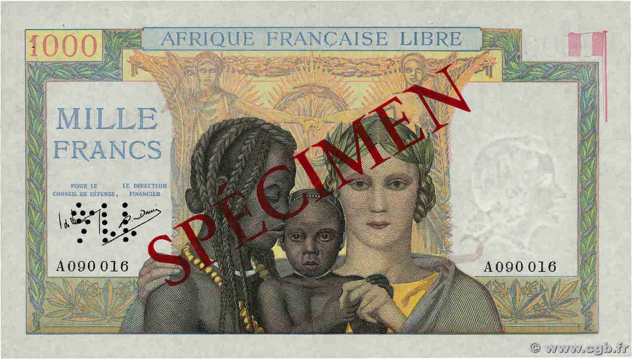 1000 Francs Spécimen AFRIQUE ÉQUATORIALE FRANÇAISE Brazzaville 1941 P.09S SC