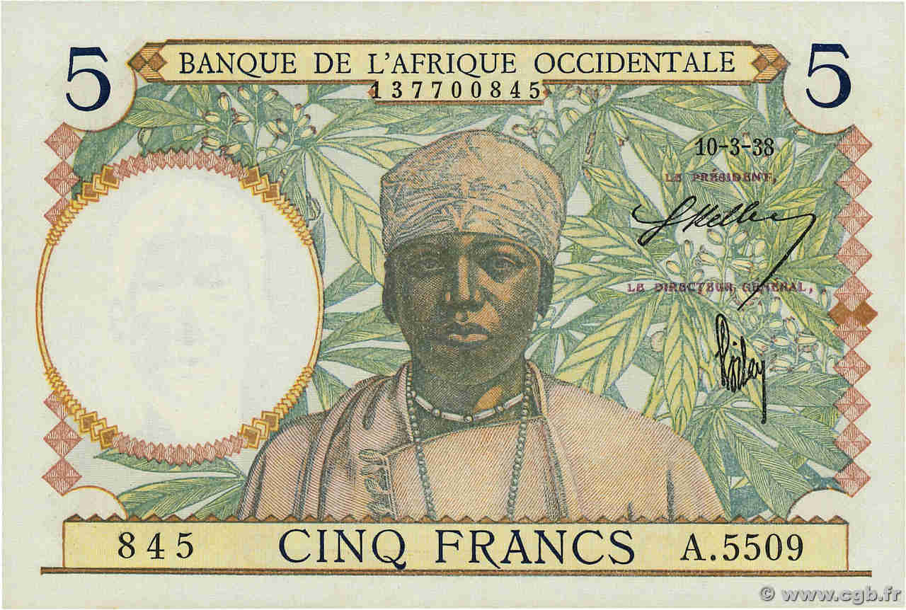 5 Francs FRENCH WEST AFRICA  1938 P.21 UNC