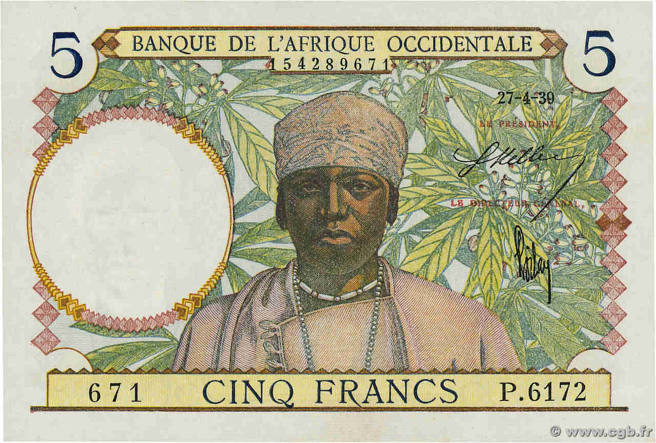 5 Francs FRENCH WEST AFRICA  1939 P.21 UNC