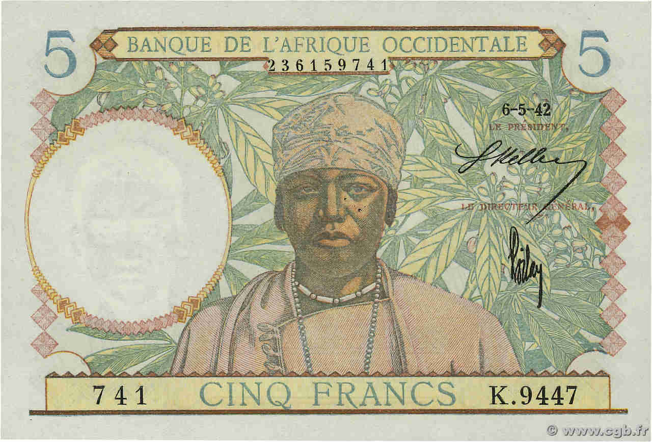 5 Francs FRENCH WEST AFRICA  1942 P.25 UNC