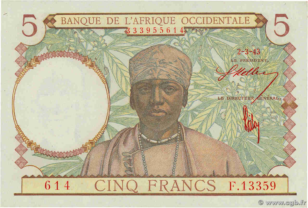 5 Francs FRENCH WEST AFRICA  1943 P.26 UNC-