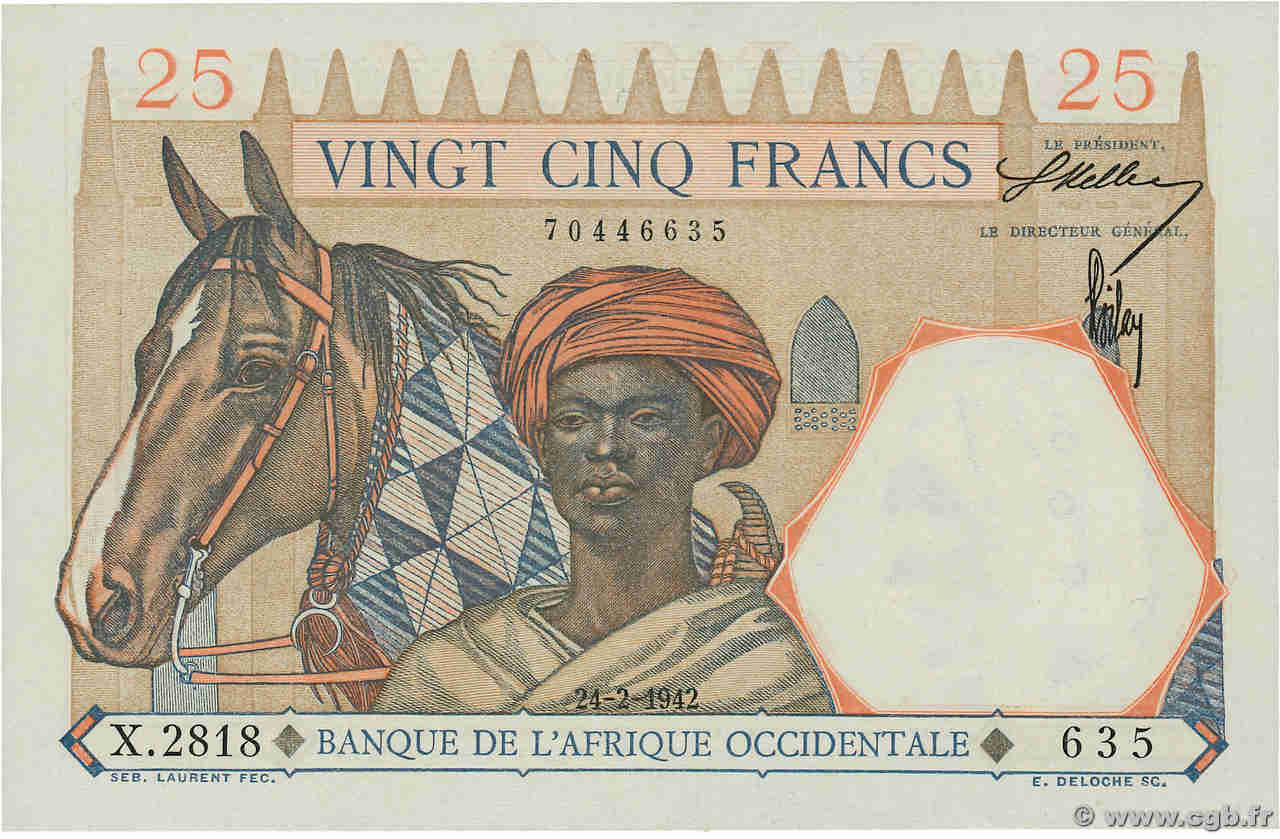 25 Francs FRENCH WEST AFRICA  1942 P.27 UNC