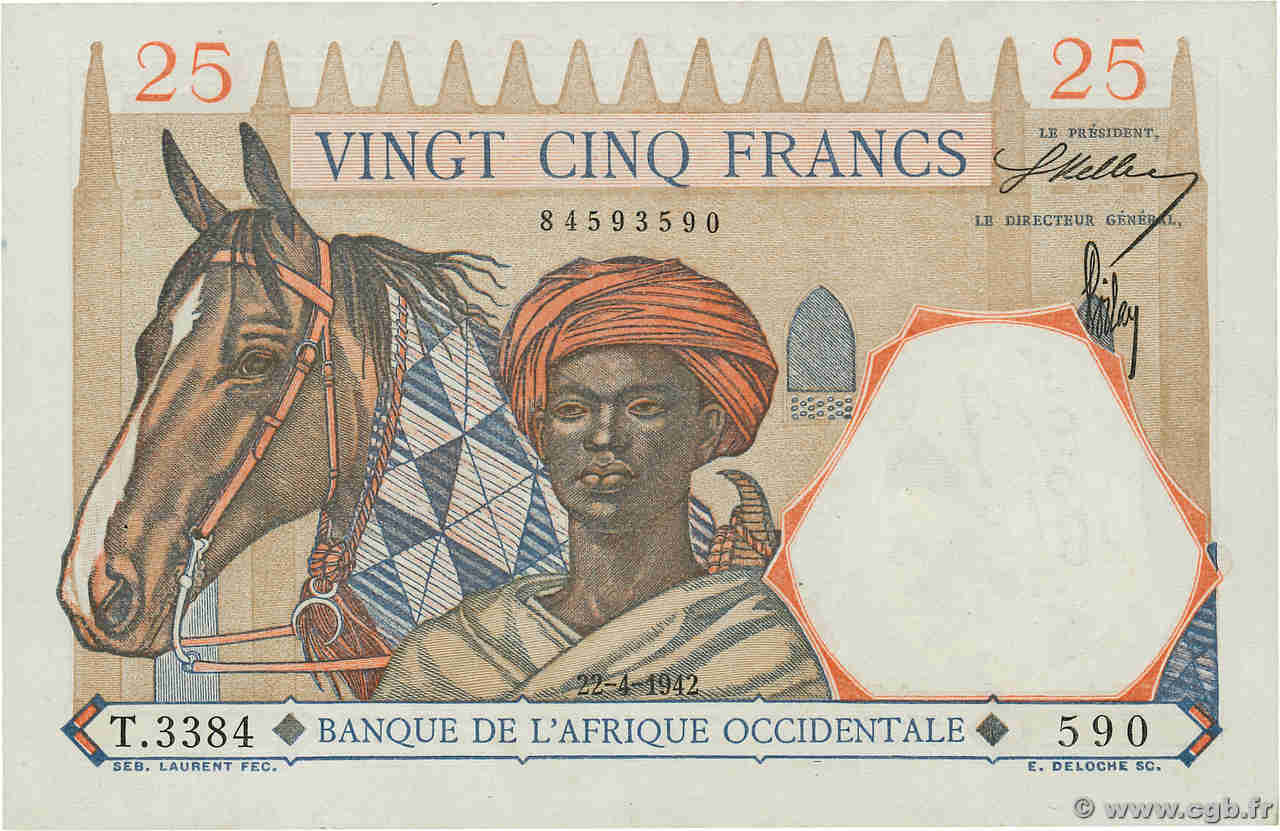 25 Francs FRENCH WEST AFRICA  1942 P.27 AU