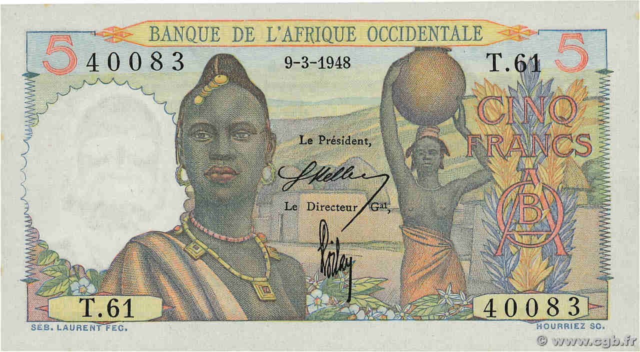 5 Francs FRENCH WEST AFRICA  1948 P.36 UNC