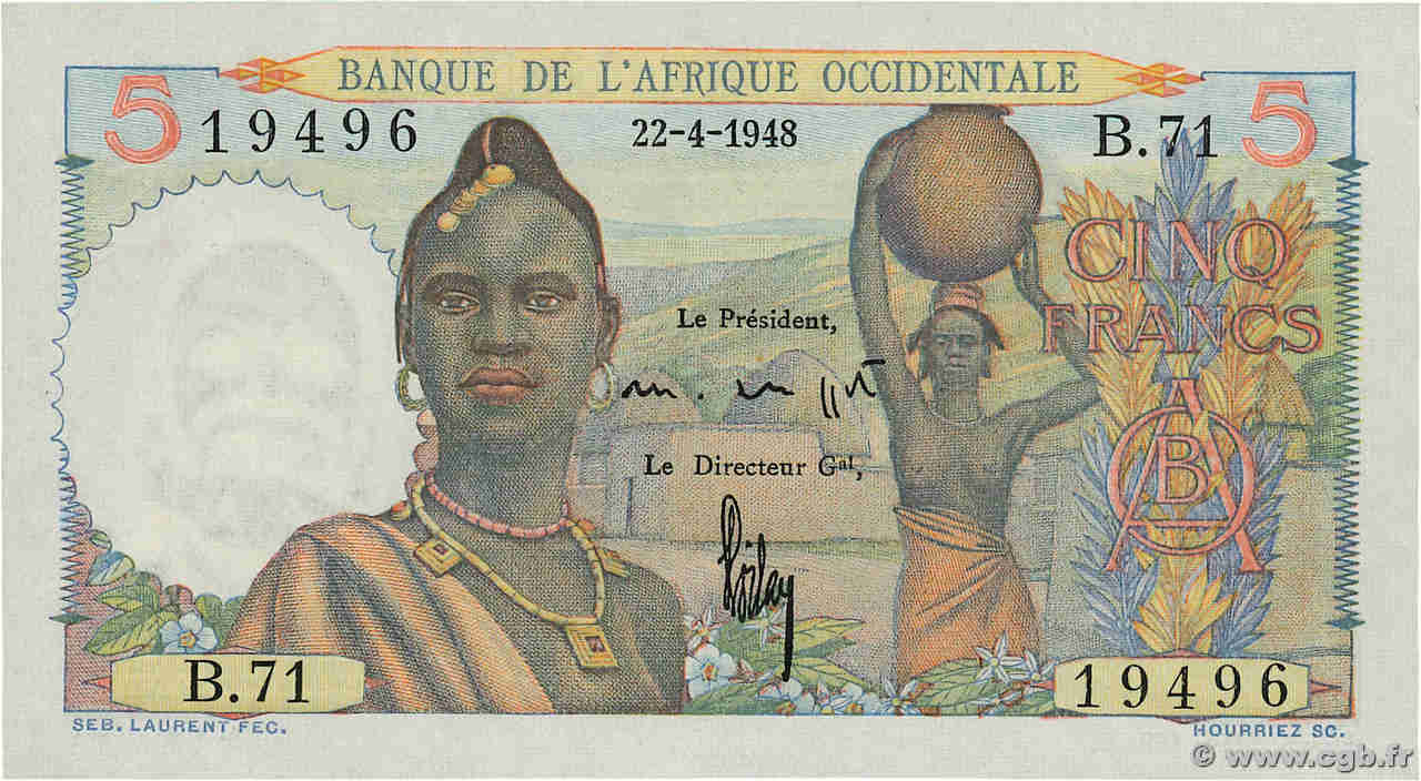 5 Francs FRENCH WEST AFRICA  1948 P.36 UNC