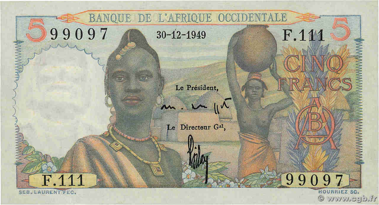 5 Francs FRENCH WEST AFRICA  1949 P.36 SC+