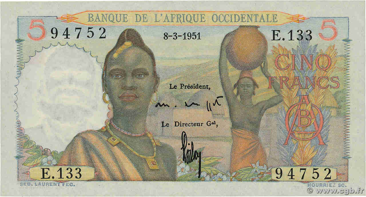 5 Francs FRENCH WEST AFRICA  1951 P.36 UNC-